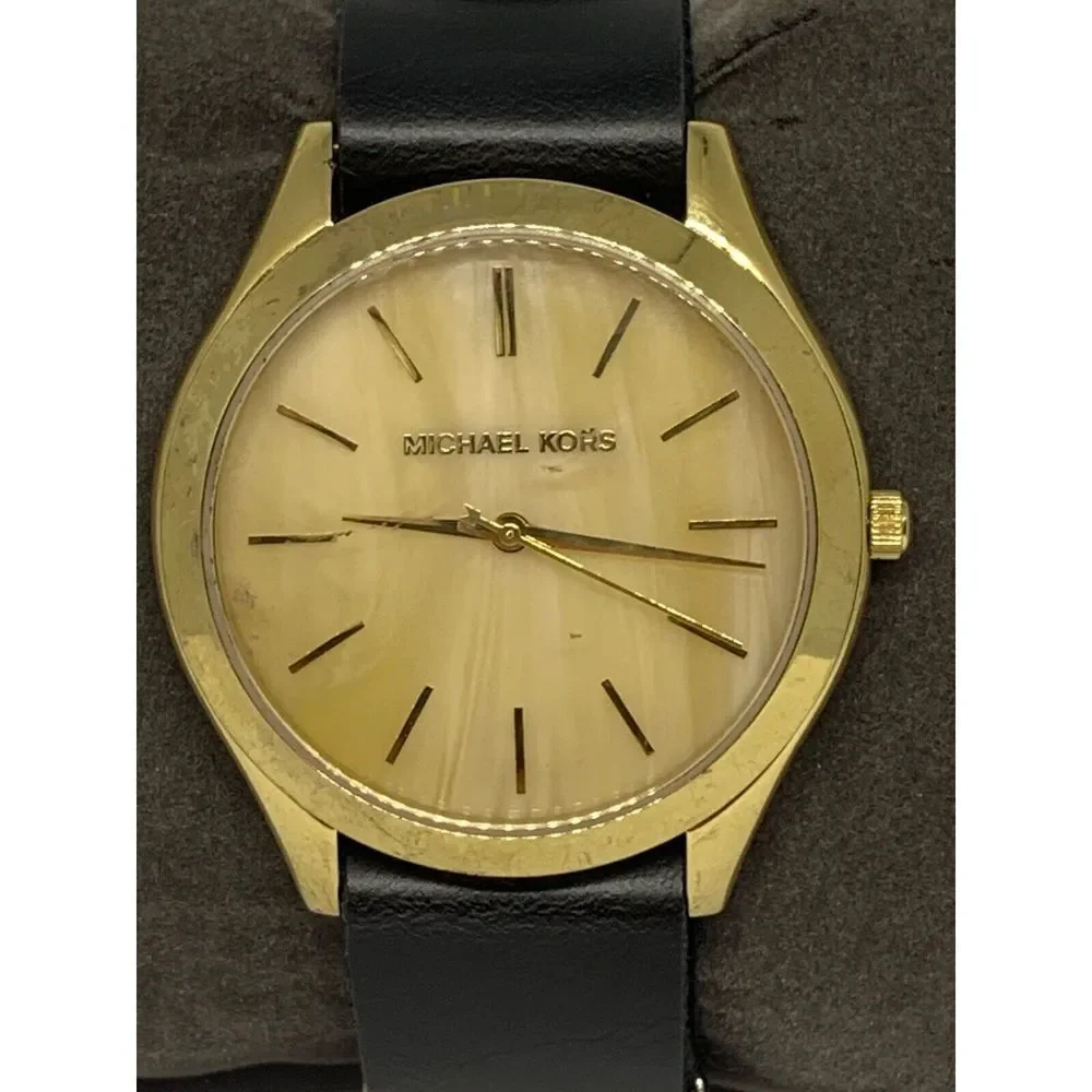 Michael Kors MK4285 Women's Black Leather Analog Gold Dial Quartz Watch GE256